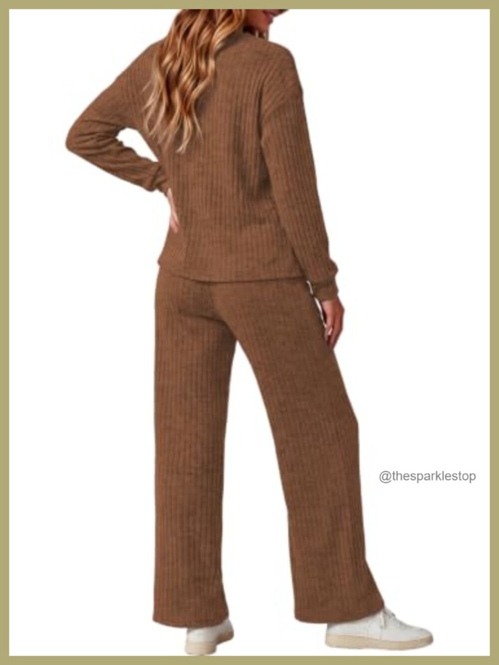 Ribbed Knit 2 Piece Lounge Set Wide Leg Pants Sweater Set - Picture 3 of 6